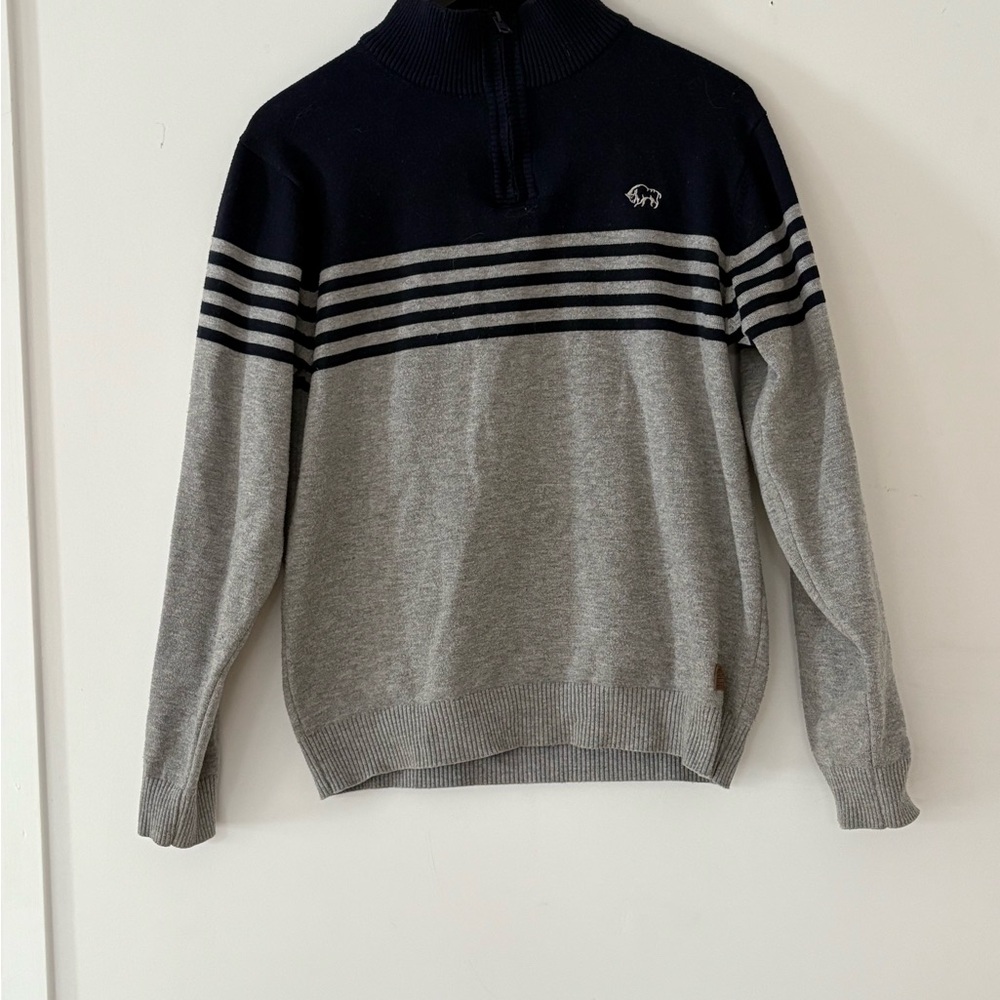 Buffalo David Bitton Navy and Gray Half-Zip Striped Sweater